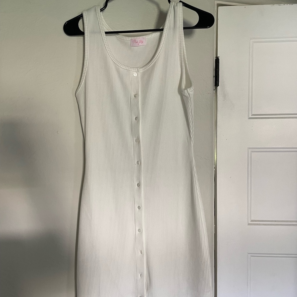 Pink Lily Forget the Rules Button White Ribbed Tank Dress